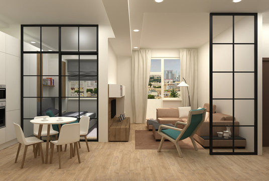 Interior design of a compact apartment 3D render