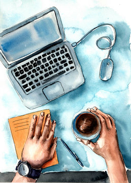 illustration-remote online work or online training during a period of self-isolation, men's work in the office