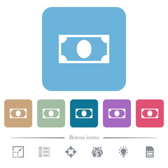 Single banknote flat icons on color rounded square backgrounds