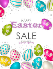 Fototapeta na wymiar Easter poster and banner template with Easter eggs. Congratulations and gifts on the day of the Passover in a reclining style. Promotion and trading template for Easter