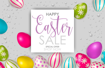 Easter poster and banner template with Easter eggs. Congratulations and gifts on the day of the Passover in a reclining style. Promotion and trading template for Easter