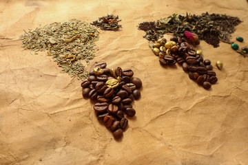 Map of world made with various sorts of tea and coffee
