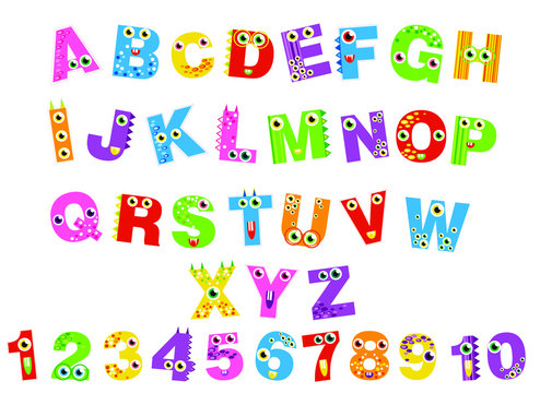 cute monsters ABC alphabet and numbers 1-10, decorative letters. alphabet for children. Kids learning material. Card for learning alphabet and numbers.