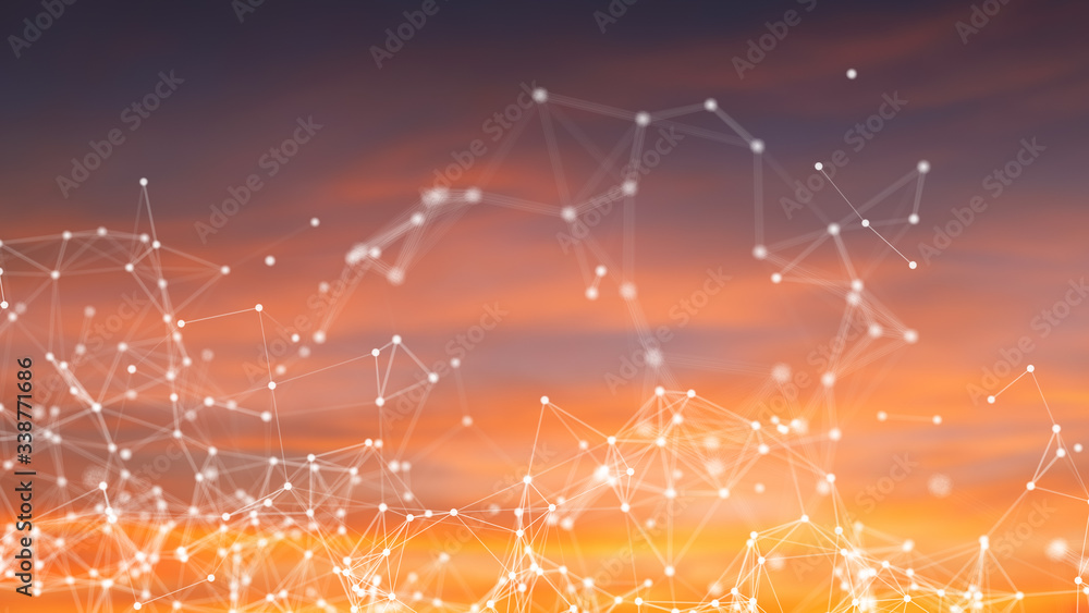 Poster digital computer data and network connection triangle lines and spheres in futuristic technology con