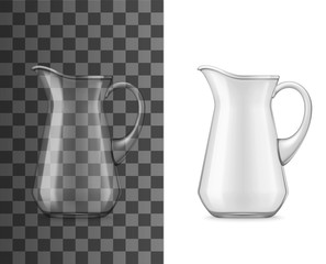 Glass jug or pitcher, vector 3D realistic tableware mockup. Water, juice or milk pitcher with handle and spout, table glassware or drinkware crockery isolated on background. Drinks and beverages jug - obrazy, fototapety, plakaty