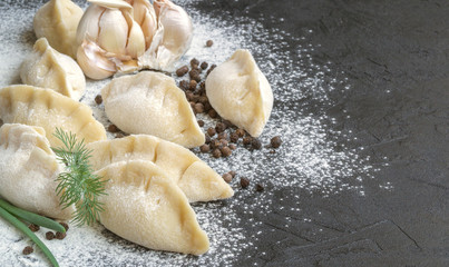 Modeling of homemade meat dumplings. ingredients for cooking dumplings.