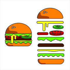 Whole Burger and isolated ingredients of hamburger on white background. Vector illustration