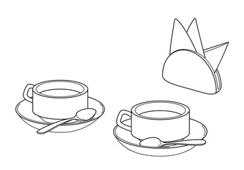 Set of two cups on saucers with teaspoons and a napkin holder with paper napkins. Vector linear illustration.