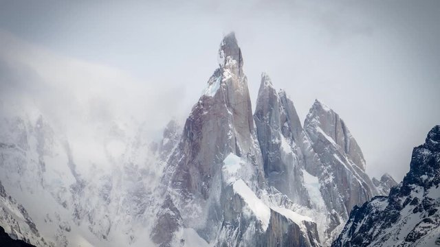 Fritz Roy Mountain Peak Timelapse, Freezing Clouds Moving Above Rocky Summit. Argenita Chile Border