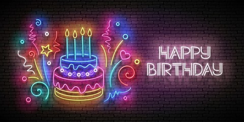Glow Greeting Card with Cake, Candles, Confetti and Happy Birthday Inscription