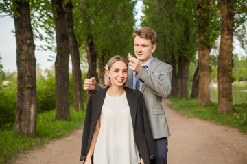 Cheerful couple together outdoors