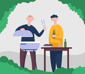 Two friends cook barbecue and drink bottle beer. Flat icon