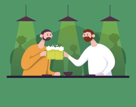 Two friends clinking glass beer in bar. Flat cartoon vector color icon.