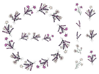 Decorative festive color wreath of cute bouquets, flowers and plants in doodle style. Lavender. Chamomile. Pattern brush. Elements of the wreath. Isolated objects on a white background.
