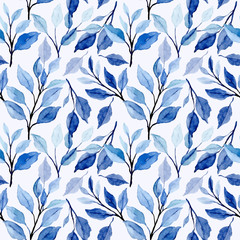 blauwe bladeren aquarel bloemen naadloos patroon