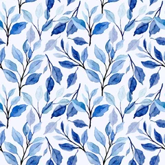 Keuken foto achterwand Wit blauwe bladeren aquarel bloemen naadloos patroon