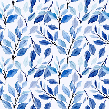 blue leaves watercolor floral seamless pattern