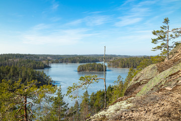 Fototapeta na wymiar Beautiful landscape with icy lake in the national park Repovesi, Finland