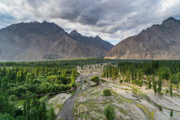 Fototapeta na wymiar Skardu village in summer season surrounded by high mountain, Karakoram mountains range in Gilgit Baltistan, Pakistan