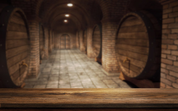 Empty wooden table with blurry background wine barrels in the wine-vault. Winery and beverage concept. 3D rendering - 3D Illustration. Mixed media.