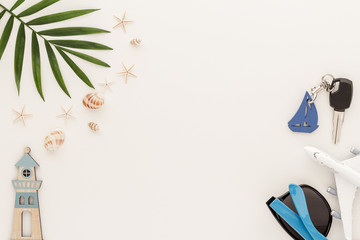 Holidays Travel. Sunglasses palm shell summer background with copy space for your text. Flat lay, top view.