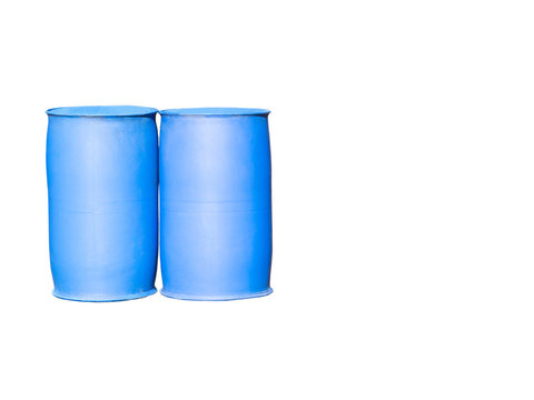 Two blue plastic barrels stand isolated on white background. The concept of safe storage of liquids