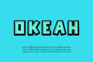 Retro style Cyrillic alphabet aquamarine color. Russian text: Ocean. Cartoon square shape font, uppercase and lowercase letters, numbers, symbols. Vector illustration