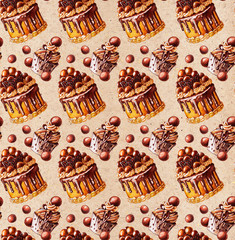 Watercolor beautiful caramel decorated chocolate cake on paper background. Sweet pattern