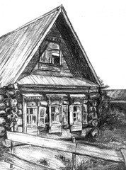 illustration of black-and-white graphics of an old wooden village house, in retro style photo