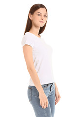 Woman in stylish t-shirt on white background