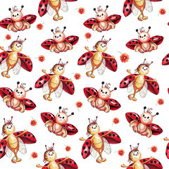 Cartoon funny ladybug. Ladybugs seamless pattern. Colorful background. Watercolor.