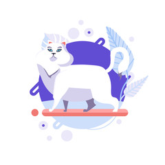 Funny cartoon Turkish Angora cat standing and looking for something. Honored character, glorious pet. Completed and isolated vector illustration.