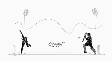 Abstract flat line pattern with batsman and bowler playing cricket championship background.