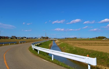 田舎　道　川　春　風景　杤木