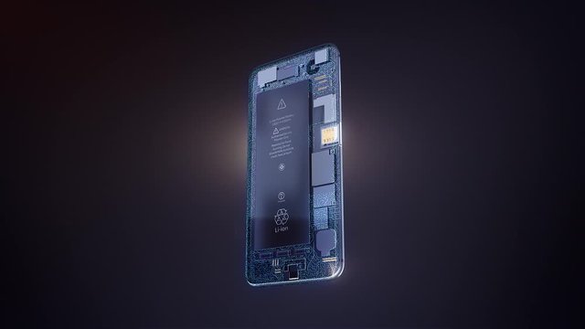 X-ray Smartphone 3D model. GSM SIM card is inserted into the slot. The appearance of the blue circuit board and the internal parts of the phone. Battery and board contacts. Current runs on board