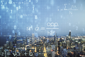 Double exposure of scientific formula hologram on Chicago city skyscrapers background, research and development concept