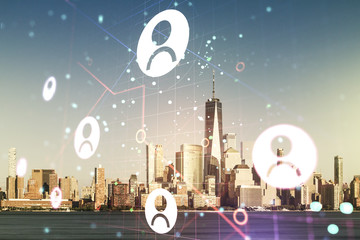Abstract virtual social network concept on New York city skyline background. Multiexposure