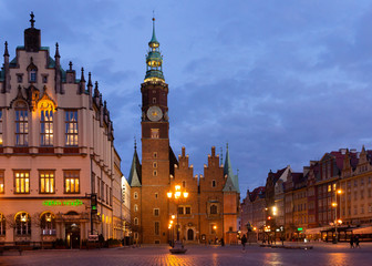 Wroclaw, Poland - March 13, 2020: Town Hall in the Market square at night. Wroclaw. Poland
