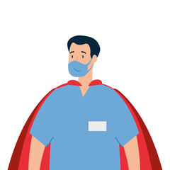 super male paramedic with face mask and hero cloak vector illustration design