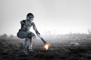 Cyborg silver woman sitting on one knee and smiling