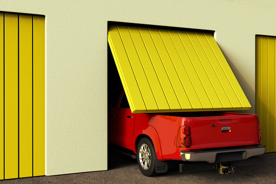 3D rendering of a conceptual image of a big pickup truck that does not fit in the garage.