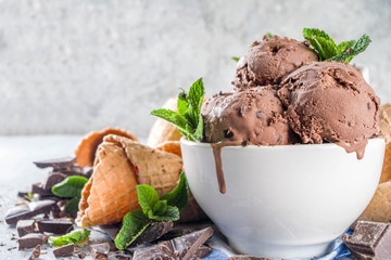 Homemade chocolate ice cream with chocolate pieces and shavings, and ice cream cones. In small white bowls on white grey stone table copy space