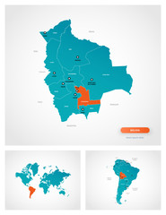 Editable template of map of Bolivia with marks. Bolivia  on world map and on South America map.