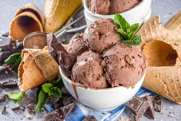 Homemade chocolate ice cream with chocolate pieces and shavings, and ice cream cones. In small white bowls on white grey stone table copy space