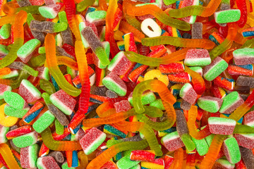 Assorted gummy candies. Top view. Jelly  sweets background.