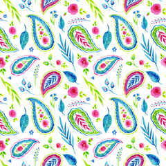 Seamless pattern of abstract colorful tropical leaves and paisley on a white background, watercolor print for fabric and other designs.