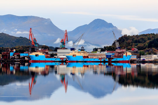 ULSTEINVIK, NORWAY - 2017 SEPTEMBER 18. Modern Offshore Vessels Being Built At Shipyard Kleven Yard.