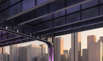 3d Bridge in big city, evening light of sunset. Realistic render illustration. Iron, metal bridge construction. Skyscrapers, office buildings in downtown of metropolis. Futuristic Advertising poster