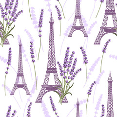 Fototapeta na wymiar Seamless pattern with lavender flowers and eiffel towers.
