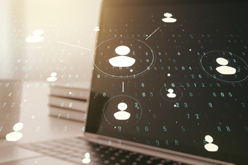 Social network media concept with modern computer on background. Double exposure